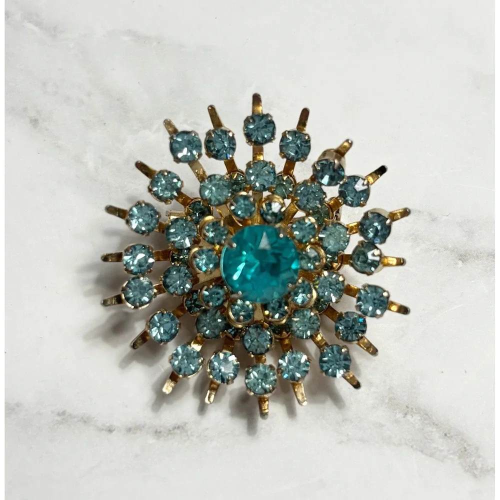 Vintage Coro Blue Rhinestone Starburst Brooch Gold Tone Sunburst Pin Teal Aqua
